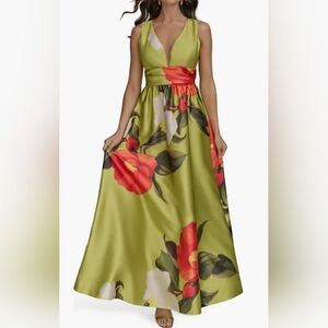 NWT DONNA KARAN Floral Print V Neck Lime Green Gown Size 4